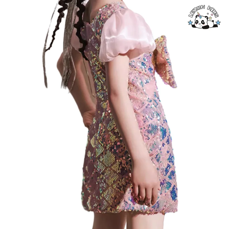 LEZONKIDS - Customized Sequin Print Bow Decoration Girls Dress Puff Sleeves Cute Dress for Girls